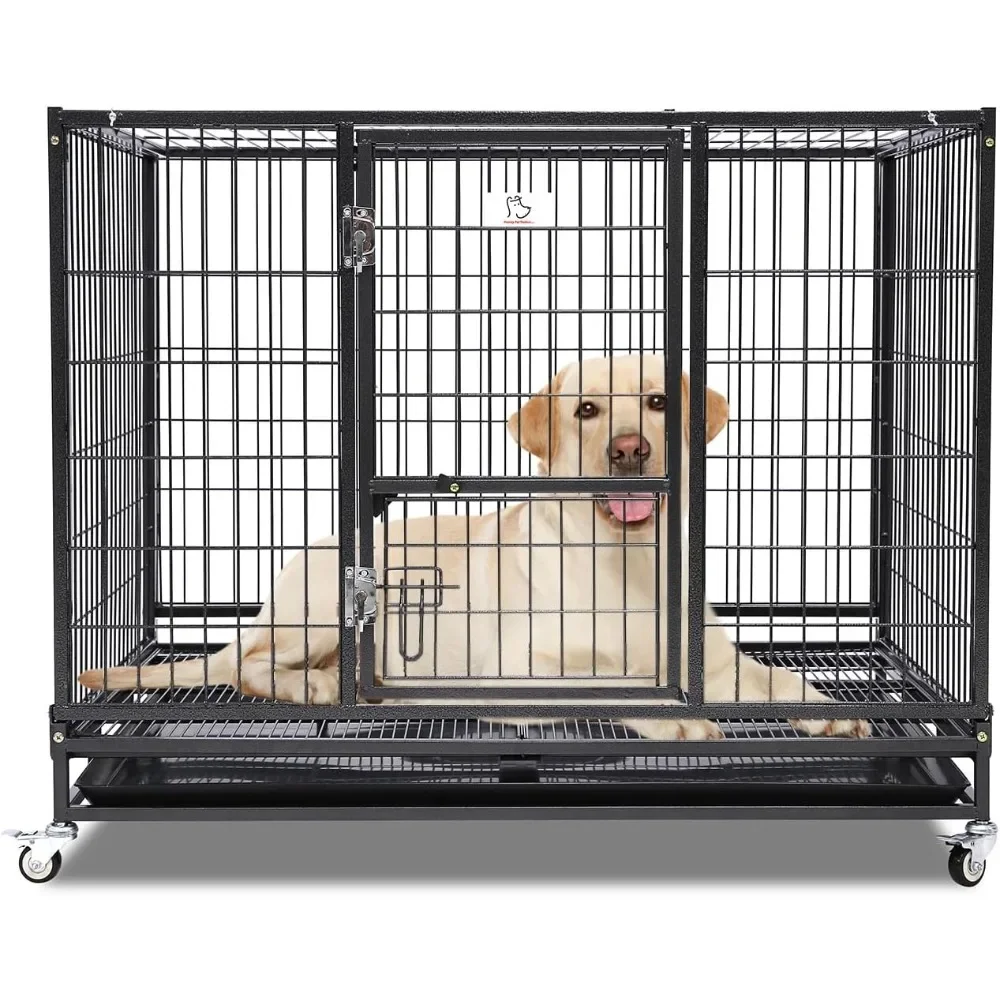 

Stackable and Collapsible Heavy Duty Dog Crate Cage Kennel with Feeding Door, Four Lockable Casters, Removable Tray and Grid