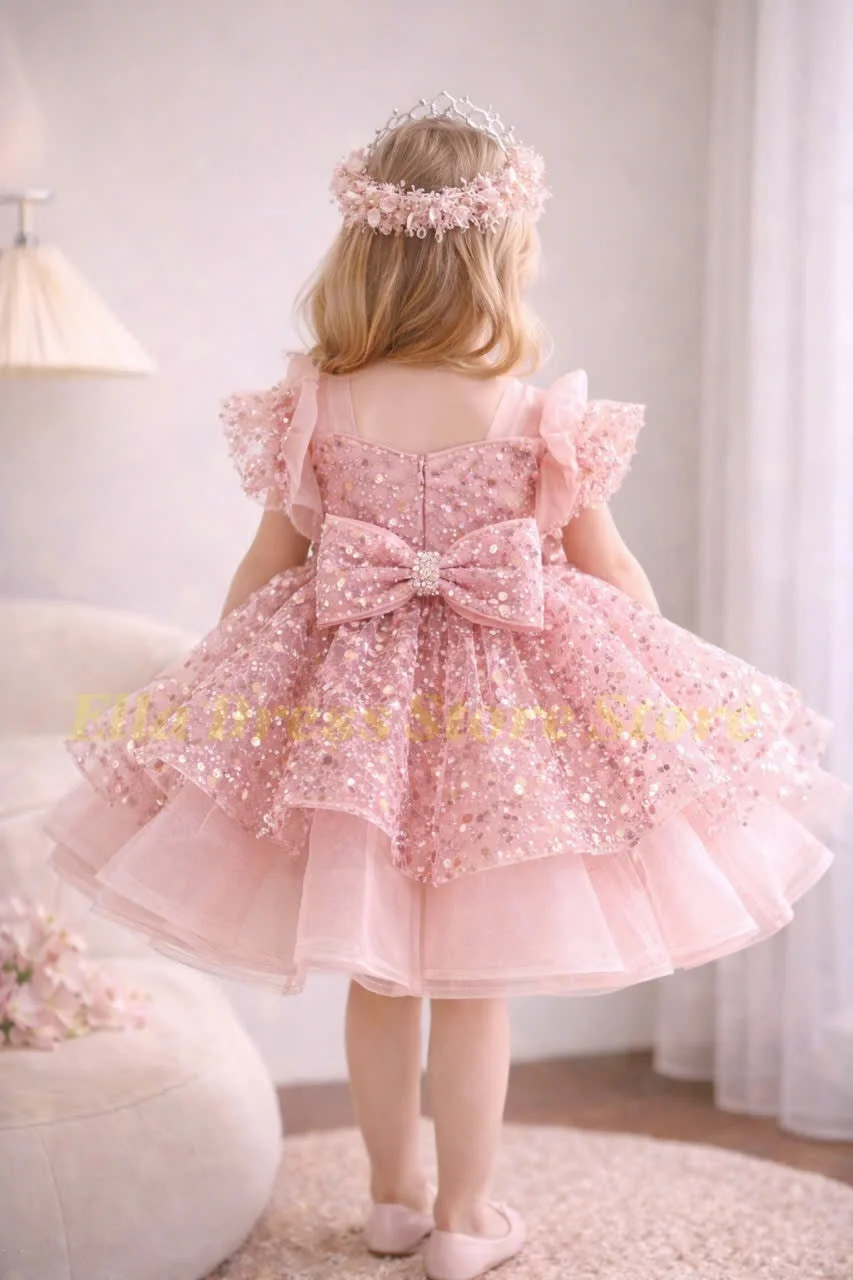 Großhandel Maßgeschneiderte Flauschige Goldene Satin-Blumenmädchenkleider Knielang Hochzeitsfeierkleid Schleife Kleinkind Baby Geburtstag Festzug Ballett – Detail 2