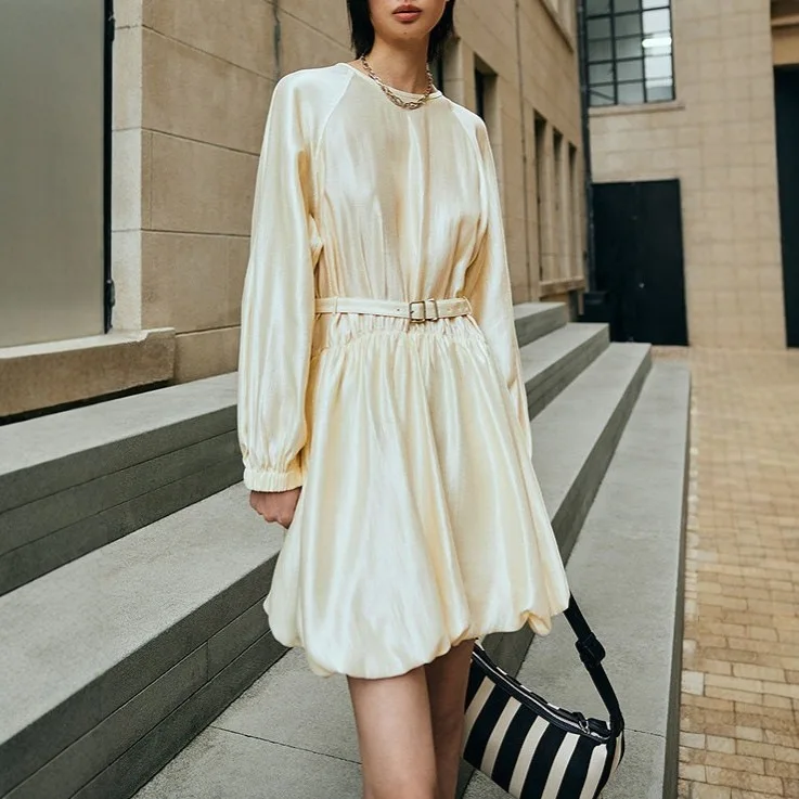 

2026 spring new French drape temperament ragged lantern sleeves belt form puff dress dress women