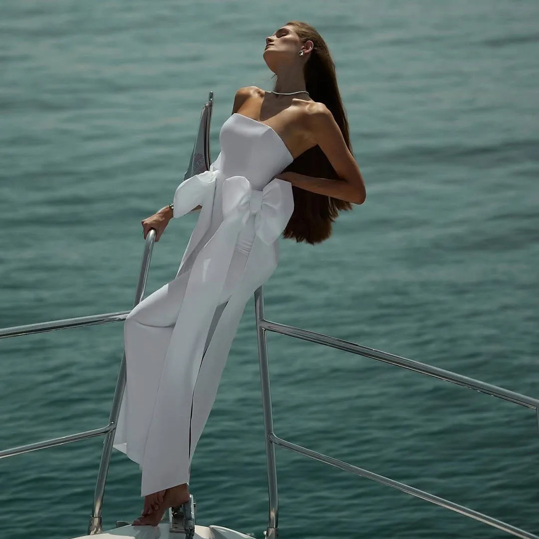 

Romantic Pure White High Stretchy Straight Women Dresses Simple With Both Bow Details Strapless Ankle Length Bridal Party Dress