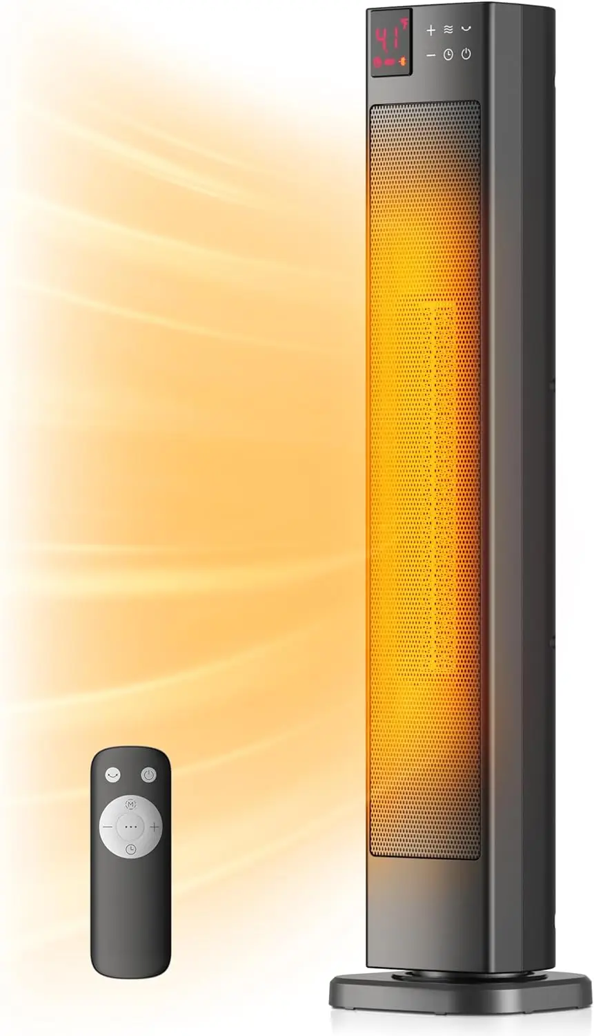 

30" Ceramic Tower Heater with Adjustable Thermostat, 75° Oscillation, Remote Control & Timer for Large Rooms