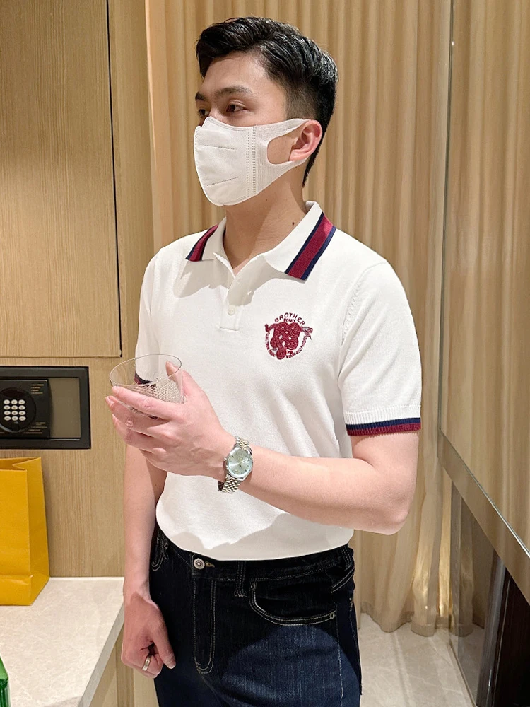 

Мужская футболка Snake Lea с вышивкой и коротким рукавом, летняя новинка, высококачественная, с воротником в стиле пэчворк, модная.