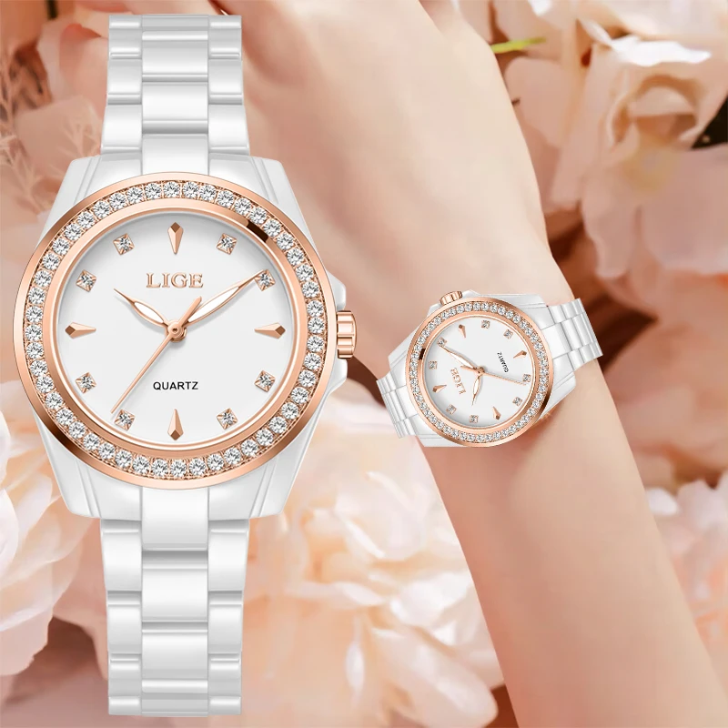 

LIGE Original Diamond Watch For Women Top Brand Luxury Ceramic Watch Women Fashion Waterproof Luminous Ladies Quartz Wristwatch
