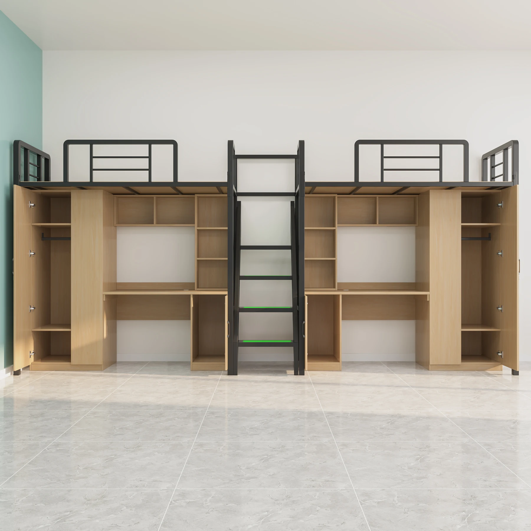 Modern Metal & Wood Loft Bed Student Dormitory Bunk Bed with Study Table Bookshelf and Closet for School  Apartment