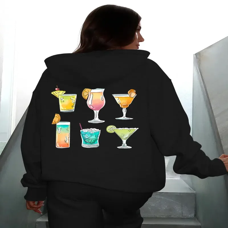 

Женская повседневная толстовка с длинным рукавом и графическим принтом, коктейльный художественный дизайн, толстовка с капюшоном на шнурке, пуловер, осенне-зимняя уличная одежда