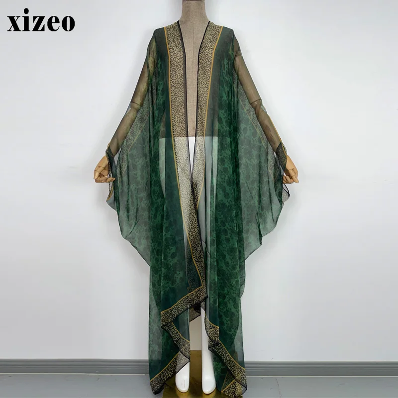 XIZEO Summer beach cover up Women Cardigan fashion sexy Boho African Perspective  long Sleeve Silk feeling Robe kimono Kaftan