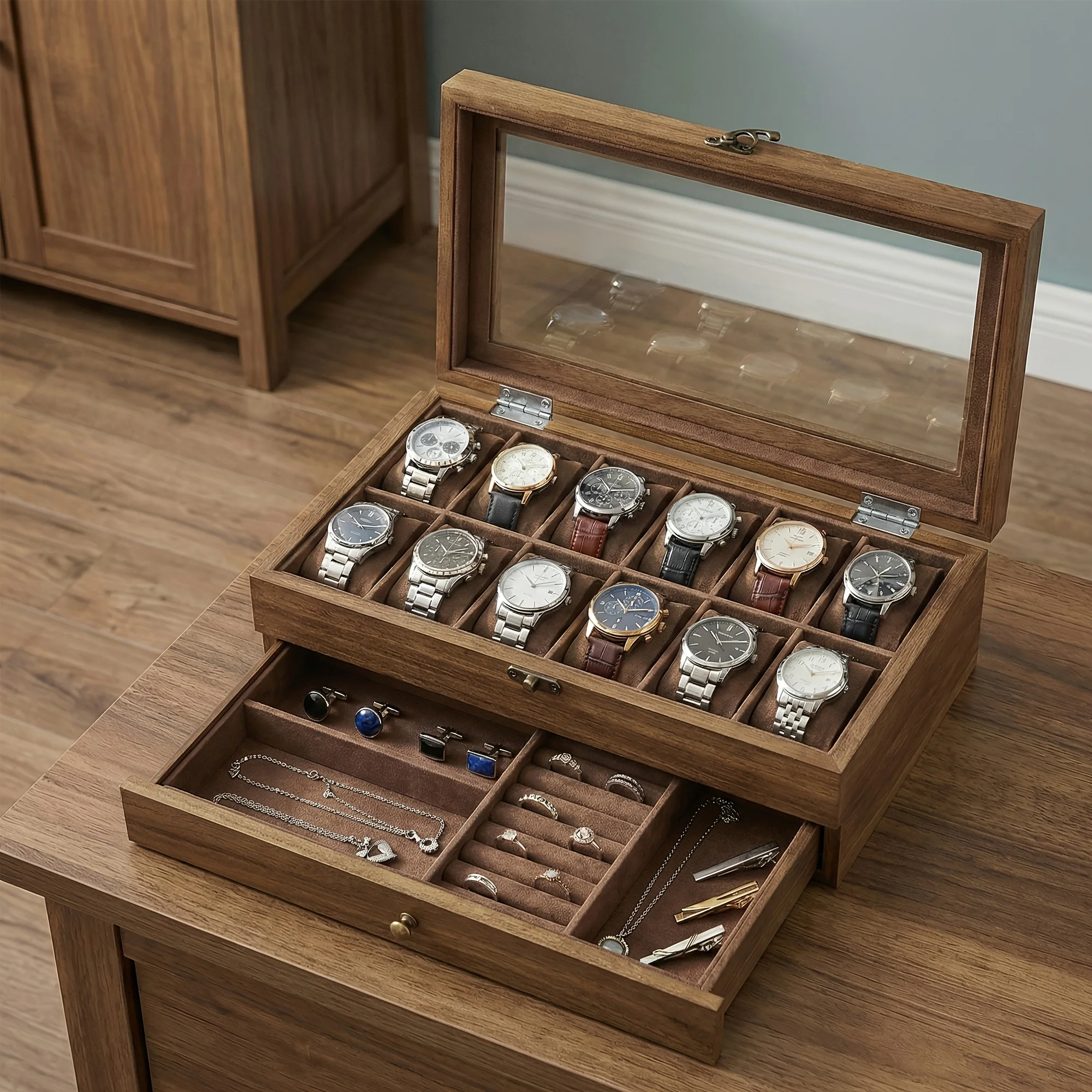 

Elegant Jewelry & Watch Box Organizer - 12-Slot Storage Case with Large Glass Lid, Soft-Close Clasp Closure