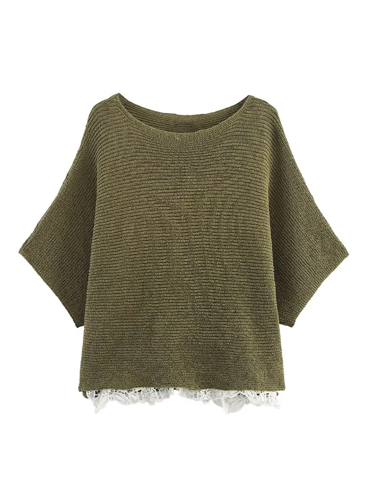 HH Frauen Herbst Fashion Solid Crew-Neck Nähte Kurzarm Gestrickte Top Weibliche Elegante Spitze Verziert Casual Top Mujer