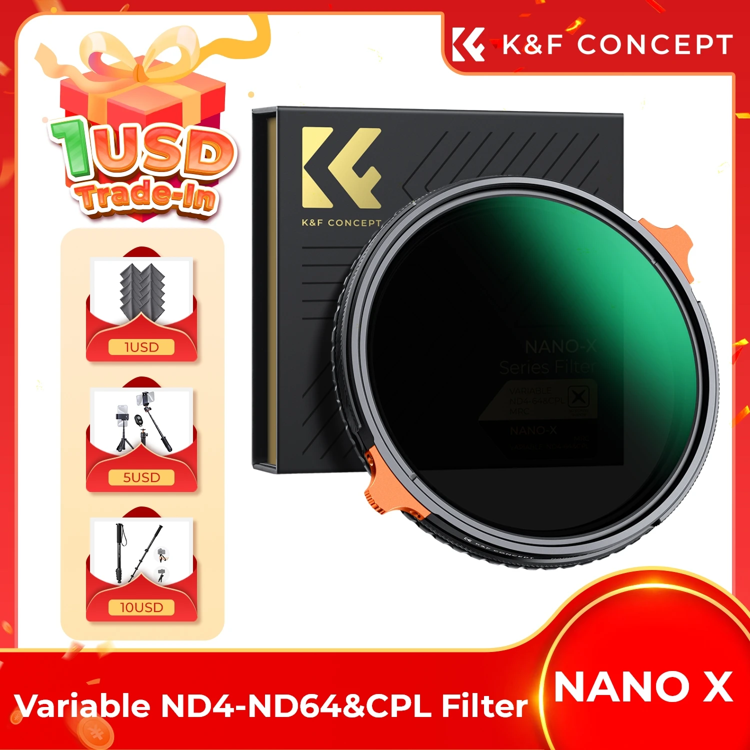 K&F CONCEPT 49-82mm ND4 to ND64 CPL Variable ND Circular Polarizing Video 2 in 1 Filter Nano X Camera Len Filter for Nikon Canon