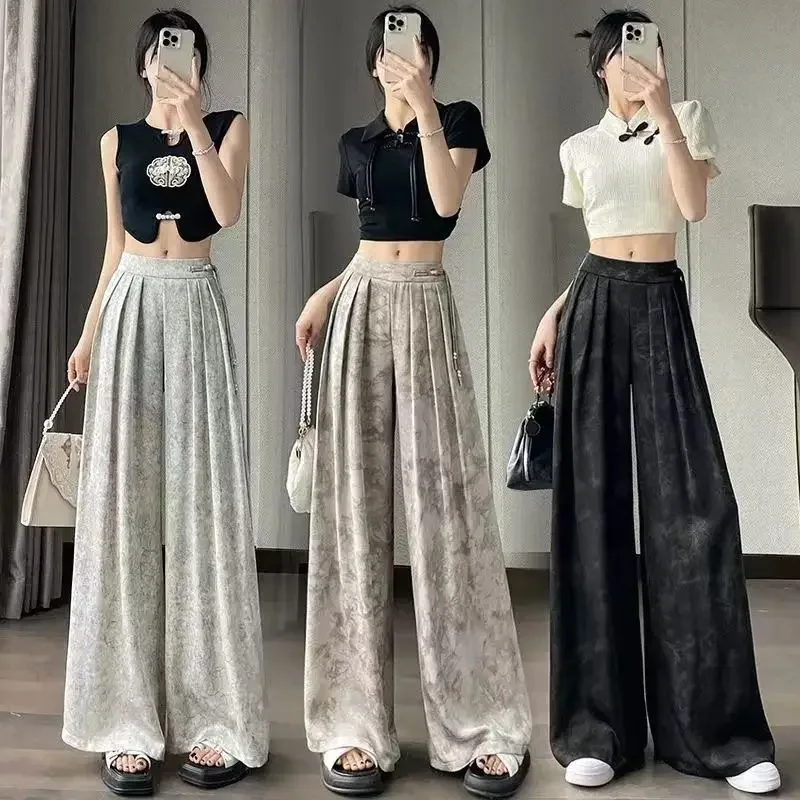 Estate nuovo stile cinese filigrana pittura pantaloni a campana a vita alta pantaloni casual drappeggiati a gamba dritta per le donne