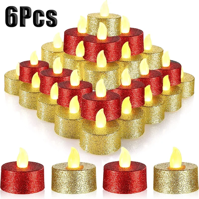 6Pcs Glitter LED Candles Lights Gold Powder Flash Candle Flameless LED Tealight Candles for Birthday Party Wedding Decoration