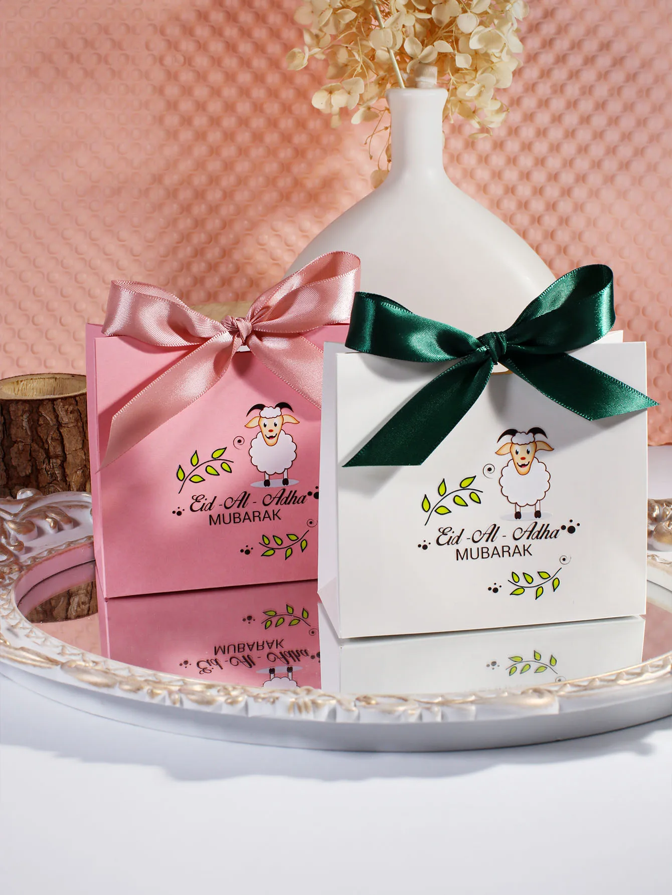 5 Stück Eid al Adha Geschenkbox: Rosa und weiße Geschenkbox, süßes Lammmuster mit Zweig- und Blattelementen, Förderungssegen