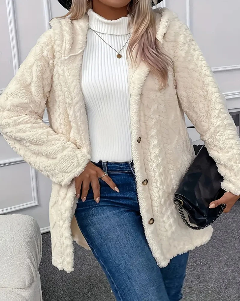 

Women's Simple Thick Coat 2024 Autumn Winter Latest Lazy Solid Color Hooked Jacket Open Front Cardigan Button Decorative Top