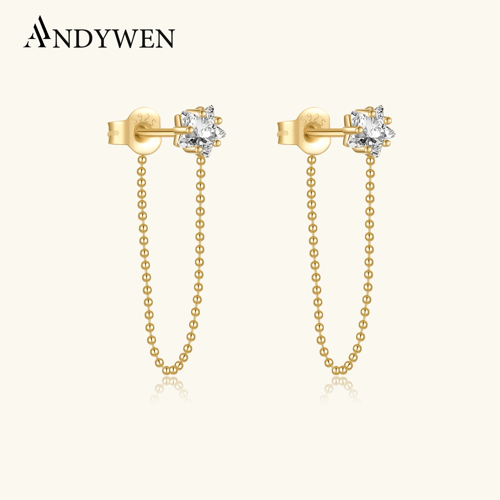 

ANDYWEN 925 Sterling Silver Gold Star Zircon Beads Chain Piercing Pendientes Clips 2023 Women Dangle Earring Wedding Crystal