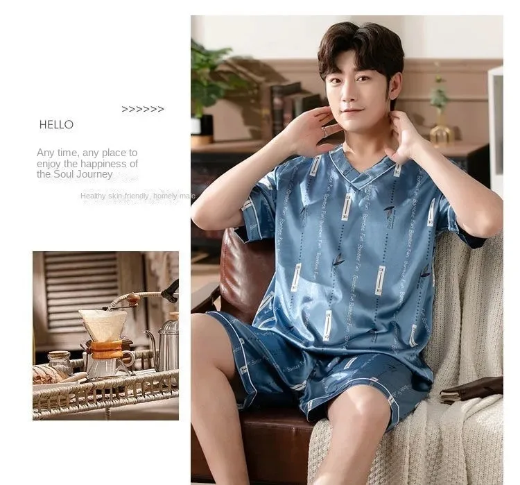 Pyjama Männer Eis Seide Kurzarm Student Homewear zweiteiliges Set von leicht zu reinigenden Kurzarm Shorts Nachtwäsche Lounge wear – Detail 8