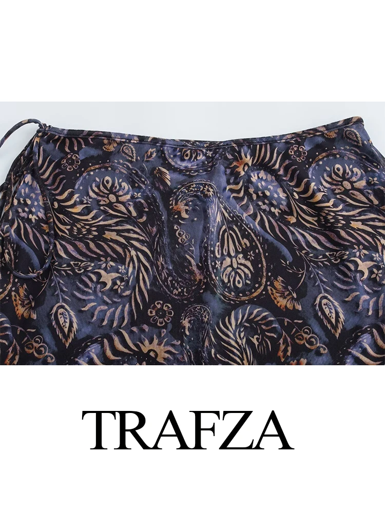 TRAFZA-Jupe en Tulle Imprimé pour Femme, Ensemble 2 Pièces, Chemise à Manches sulf, Col en V, Vintage, Tempérament Féminin, Décontracté, Slim, Midi