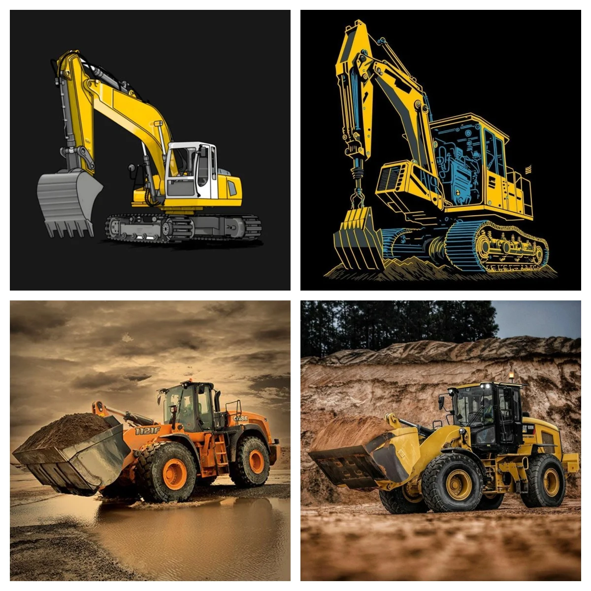 Excavator and Loader Construction Vehicle AB Diamond Painting Industrial Style DIY Diamond Embroidery Kids Bedroom Wall Decor