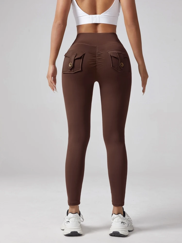 

Wholesale High Waist Elastic Running Sports Tights Peach Buttocks Lifting Leggings Pockets Solid Spandex Yoga Pants for Women