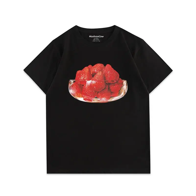 

American High Street Strawberry Print Loose Comfortable and Casual Short-sleeved T-shirt Couple Outfits for Men and Women