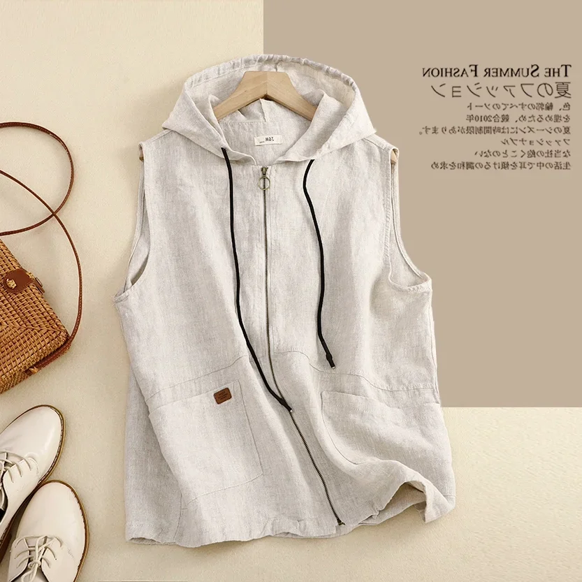 Spring Summer Fashion Women\'s Hooded Vest Female Multi Pocket Cotton Linen Casual Loose Waistcoat Japan Style Vintage Daily Tops