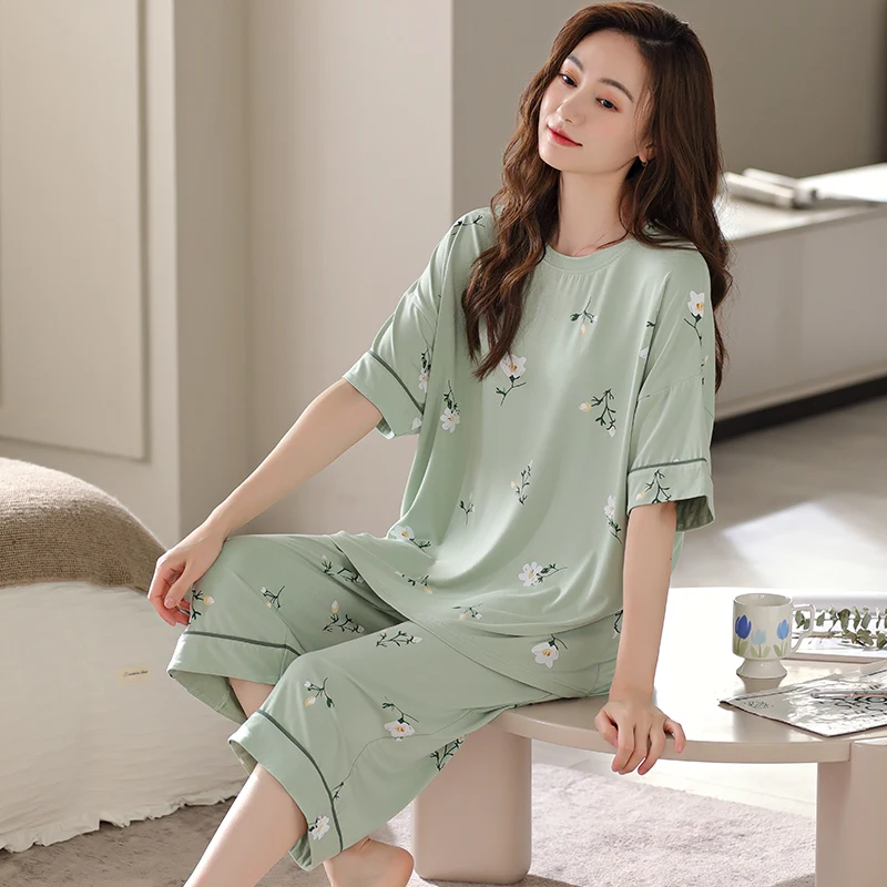 Conjuntos de Pijamas de Verão com Manga Curta em Modal, Pijamas Femininos Tamanhos Grandes M-5XL, Roupas Confortáveis para Casa