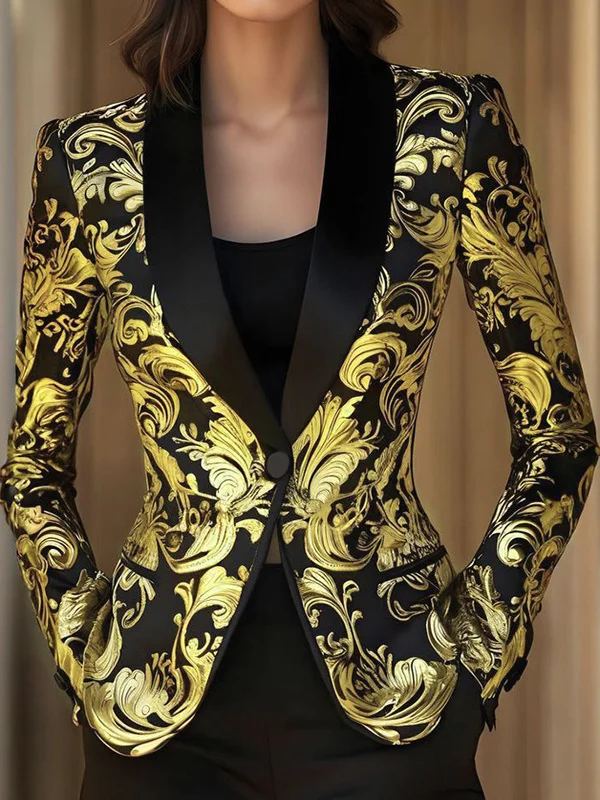 

Ele Floral Print Long Sve Busin Suit Jaet Single Button Retro High-End Feel Top Women's Slim Fit Polyester Fiber