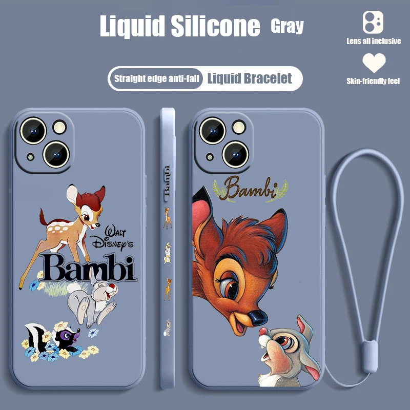 Disney Bambi Cartoon For iPhone 15 14 13 12 11 Pro Max 8 7 Plus XR XS X Liquid Left Rope Phone Case