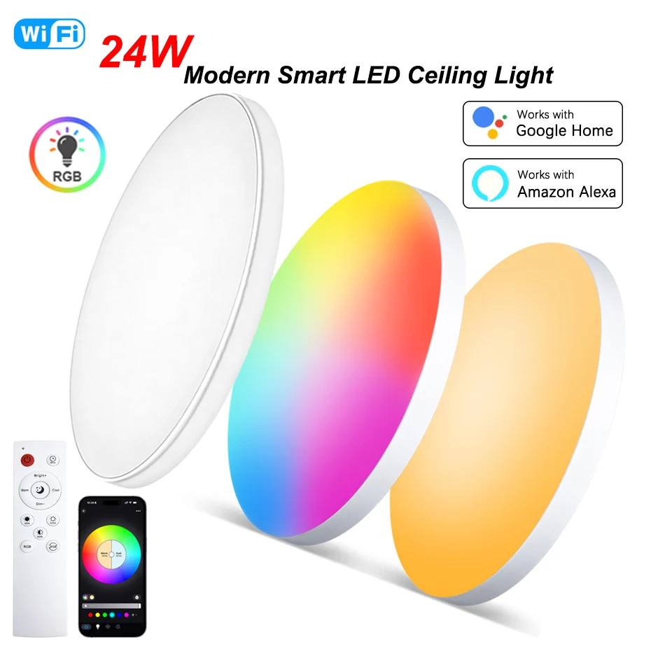 

WiFi Smart RGB LED Ceiling Light 24W Dimmable APP Voice Control with Alexa/Google Remote Control for Living Room Bedroom