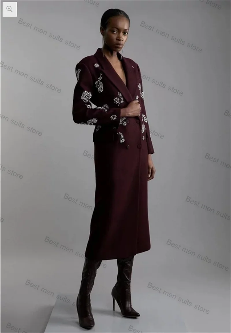 

Burgundy Cashmere Women Suit 1 Piece Long Blazer Crystals Prom Dress Formal Office Lady Customized Overcoat Wedding Coat Jacket