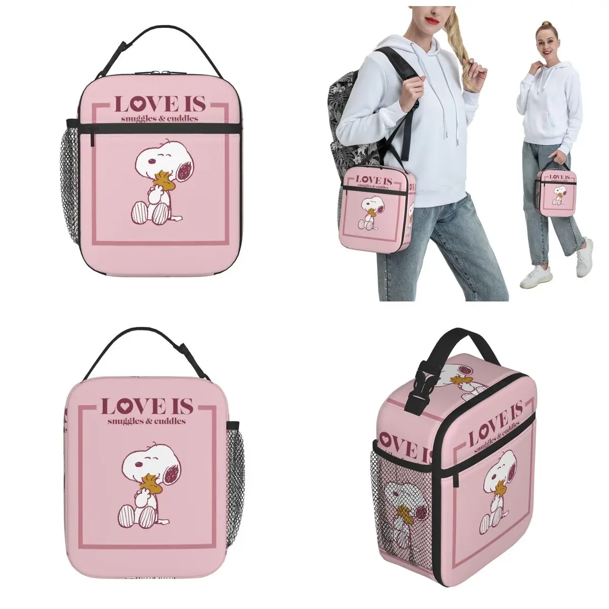 Snoopy Woodstock Pink Love borsa termica per il pranzo borsa termica riutilizzabile portatile Tote Lunch Box per uomo donna College Picnic