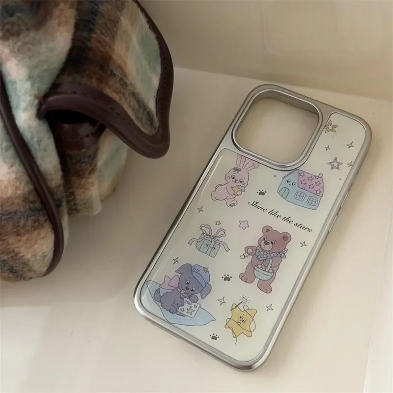 Casing iPhone 16 15 14 13 Pro Max, sarung HP motif kartun mewah lucu dengan lem tetes ilustrasi pinggiran perak, casing ponsel untuk iPhone 16 15 14 13 Pro Max