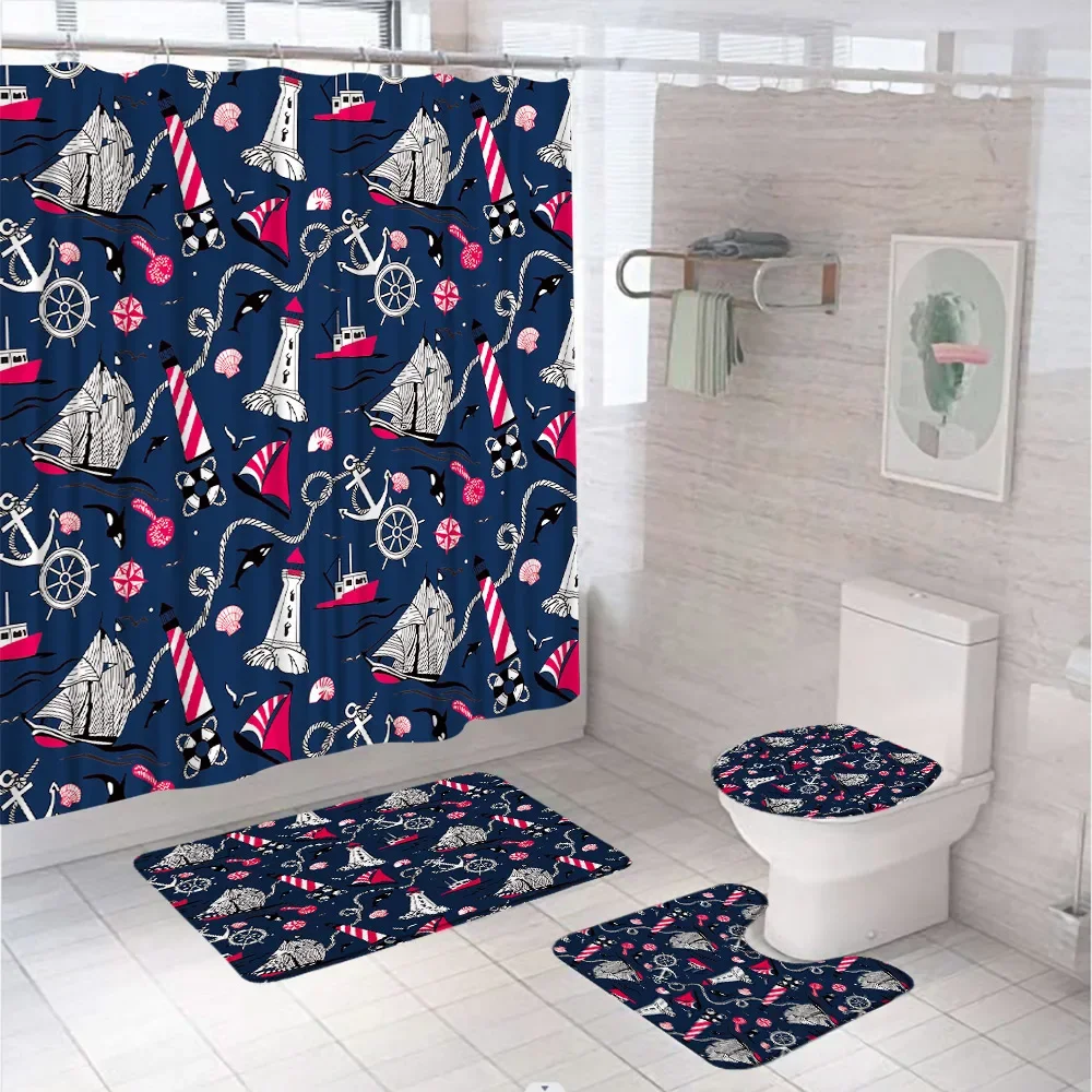 Nautical Sailboat Shower Curtain Set Lighthouse Compass Anchor Decorative Bathroom Curtains With Bath Mat Rug Toilet Cover Home