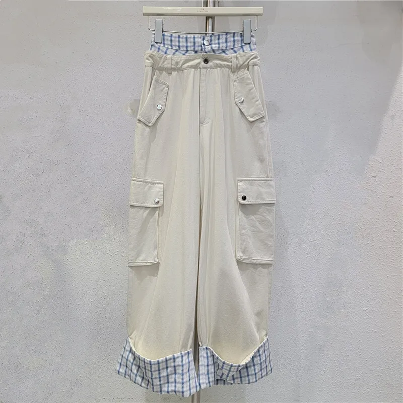 WTHT 2025 秋冬トレンド レディース パッチワーク コントラストカラー チェック柄 カジュアル カーゴパンツ ダブルウエスト ストレートパンツ 女性用 1LS2712