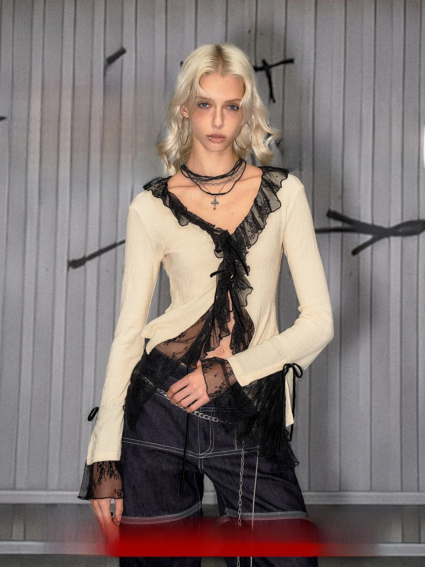 

the NeverMore Kensington's Peter Pan Lace Bell Sve Open Cardigan Slim Fit Top Fake Two-Piece Sle Long Sve Women's irt