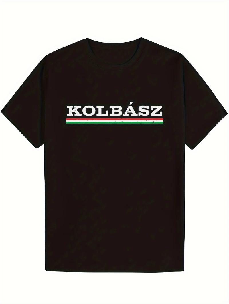 Men's Kolb Á Sz Pattern T-shirt - Humorous Hungarian Traditional Food Design Black with Red and Green Stripes Casual Wear