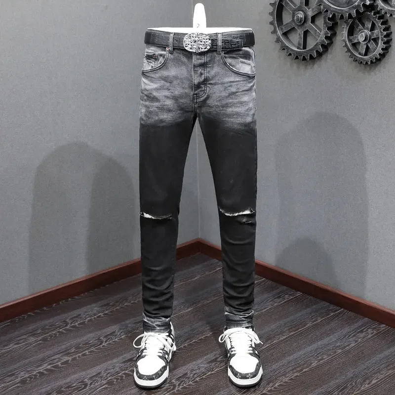 High Street Fashion Men Jeans Retro Black Gray Stretch Skinny Fit Ripped Jeans Men Color Gradation Designer Hip Hop Brand Pants