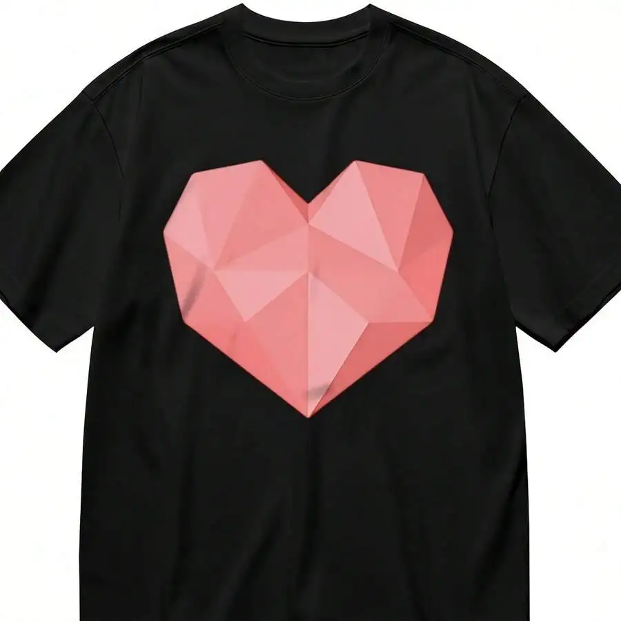 Women Classic T‑Shirt Abstract Faceted Heart Art Print Black Cotton Crew Neck Casual Short Sleeve Top Daily Wear