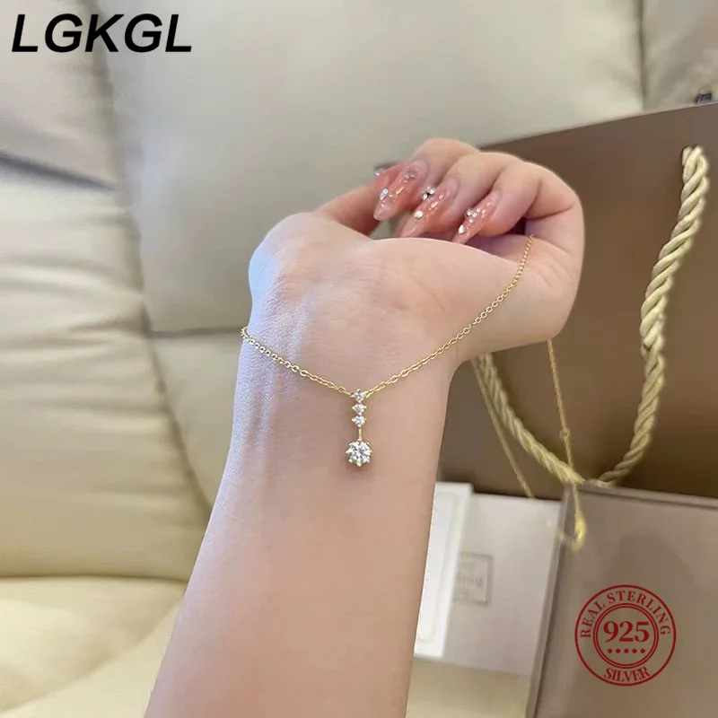 LGKGL S925 Sterling Silver 14K Gold Plated Necklace Micro-Set Sparkling Diamonds Elegant Versatile Minimalist Clavicle Chain