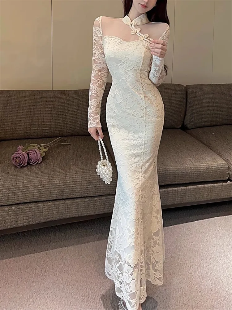 Topanoma Temperament Evening Dresses Women Sexy Lace Patchwork Long Sleeve Slim Mermaid Dress Elegant Wedding Party Cocktail