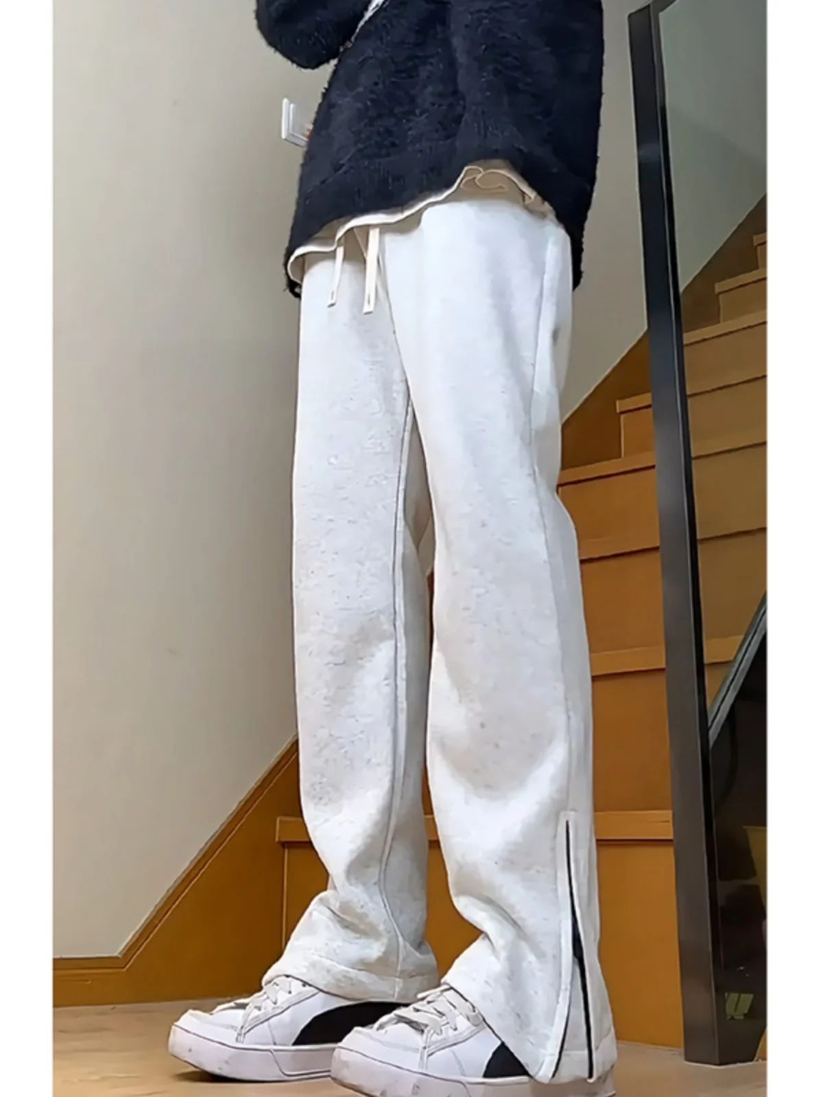 

Мужские брюки прямого кроя на флисовой подкладке, осенне-зимние спортивные брюки с молниями на манжетах, модные брендовые повседневные брюки Slim Fit Street Sle