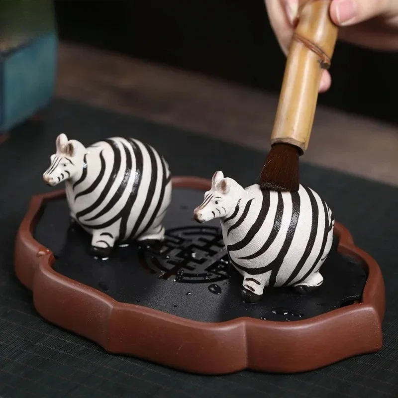 Handmade Fat Zebra Purple Clay Cute Horse Tea Pet Retro Exquisite Miniatures Tea Figurine Play Toys Tea Statue Accessories Gift