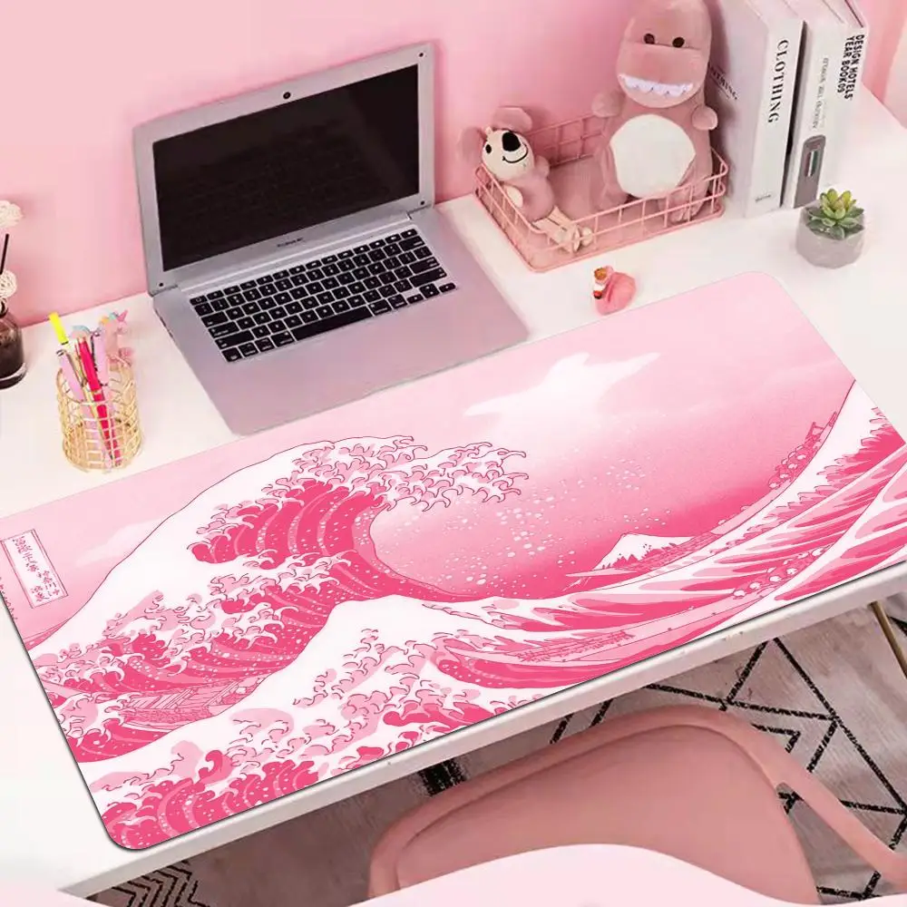 

HYBXAXC Kawaii Desk Mat Pink Wave Cute Pastel Anime Aesthetics Moon and Ocean Mouse Pad XXL Japanese Gaming Mousepad Gamer 90x40
