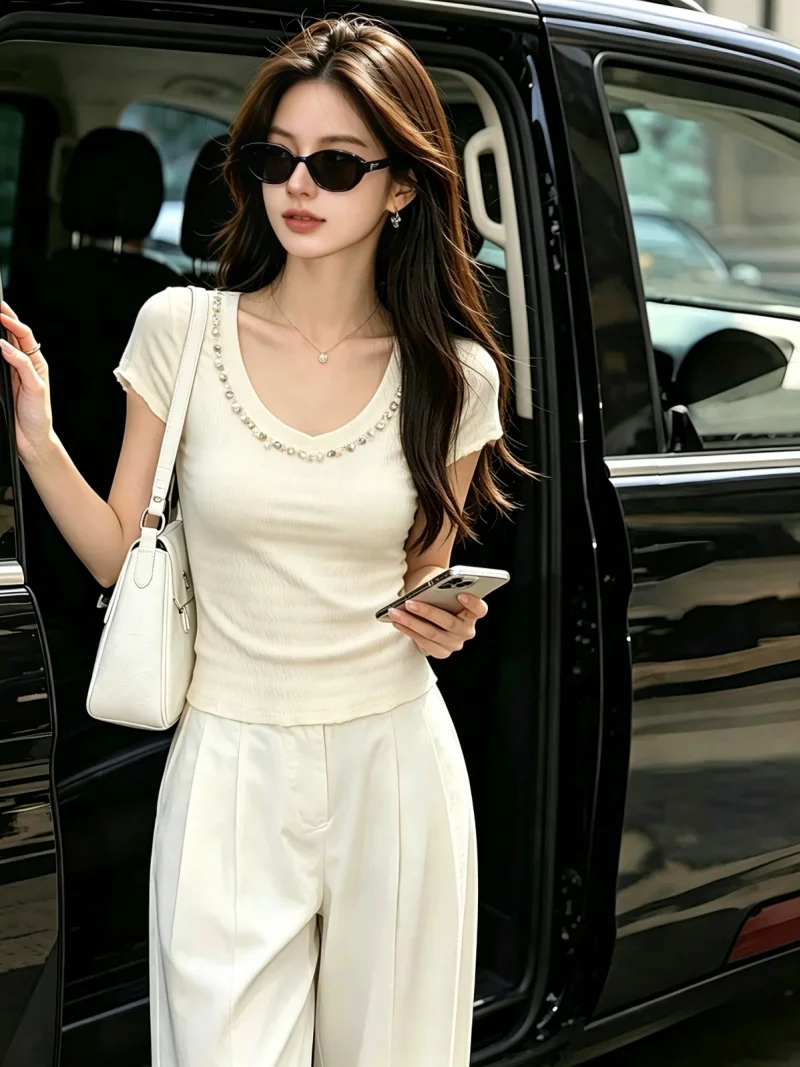 

Korean Style Heavy Work Bead Short Sleeve T-Shirt Women's Slim Fit Summer New Style Shoulder Level Top Self Storage