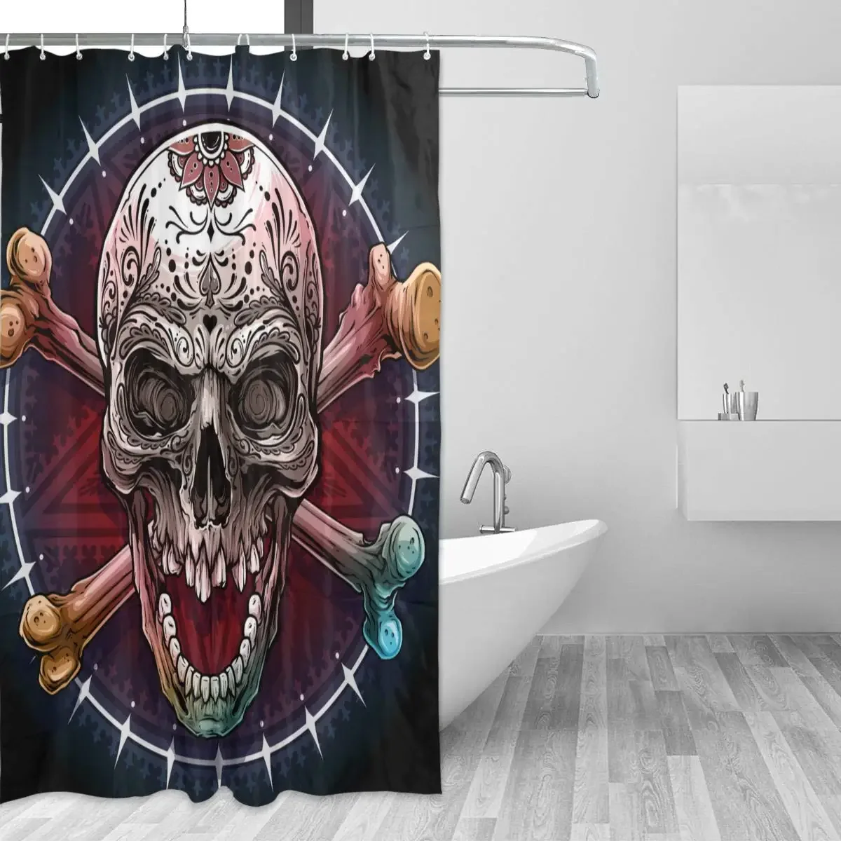 Graphic Realistic Colorful Mexican Tattoo Floral Ornament and Crossed Bones Shower Curtain