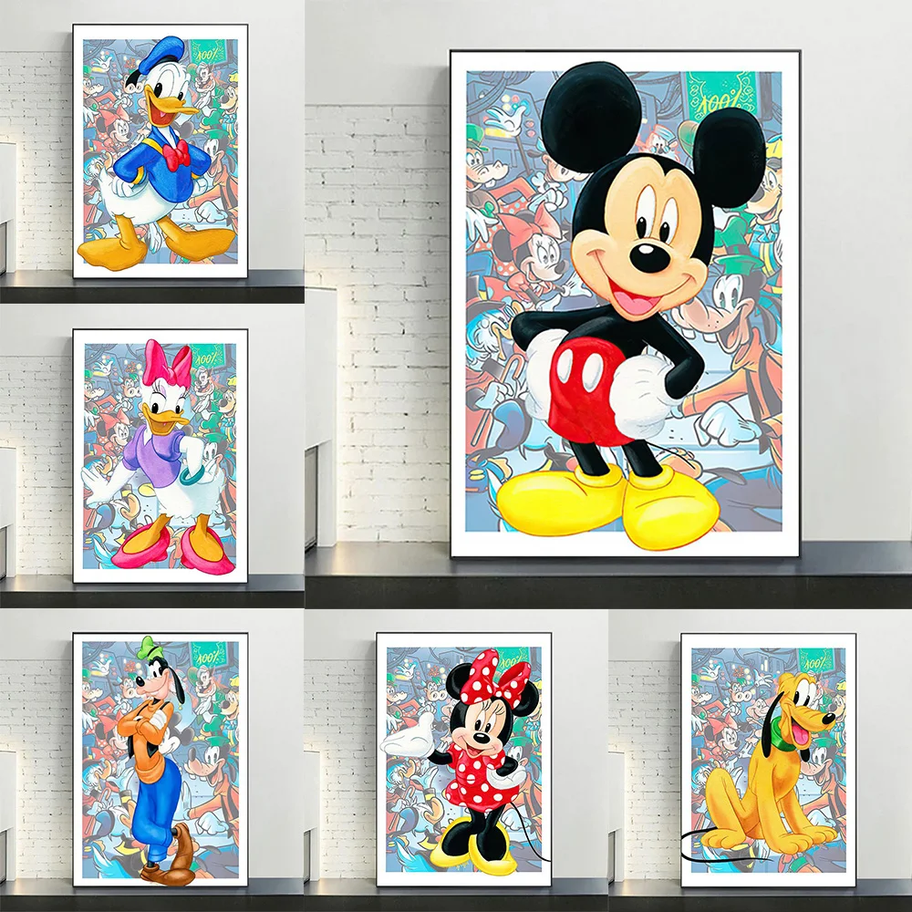 MINISO Disney Cartoon Character Mickey Minnie Donald Goofy Bruteaux Wall Art Posters Children's Room Home Decor Canvas Painting