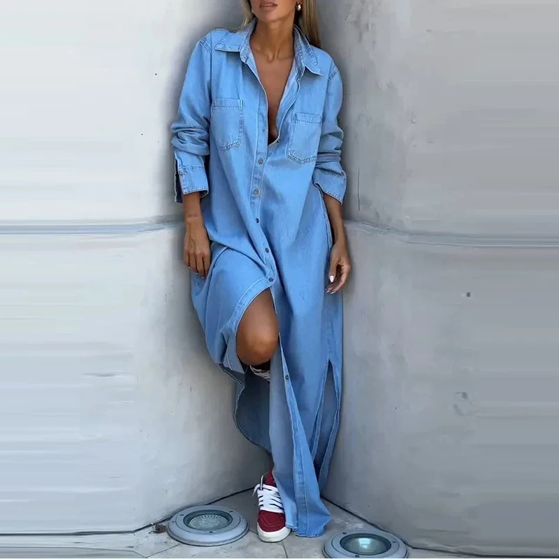 Robe Maxi élégante pour femmes, loisirs, revers, manches longues, simple boutonnage, chemises, mode, couleur unie, robe en Denim ample