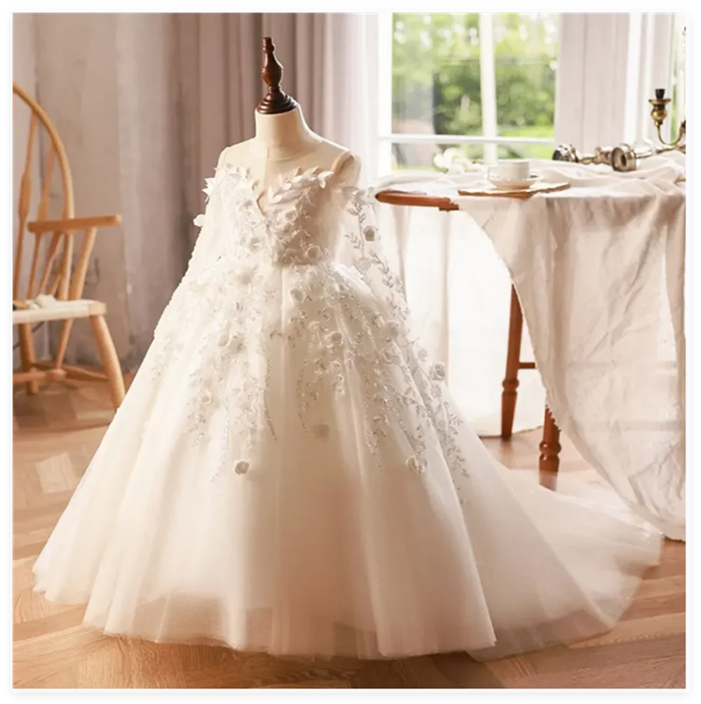 

Ivory Flower Girl Dresses Luxurious Lace Floral Appliques Long Sleeve For Wedding Prom Party Pageant Gowns
