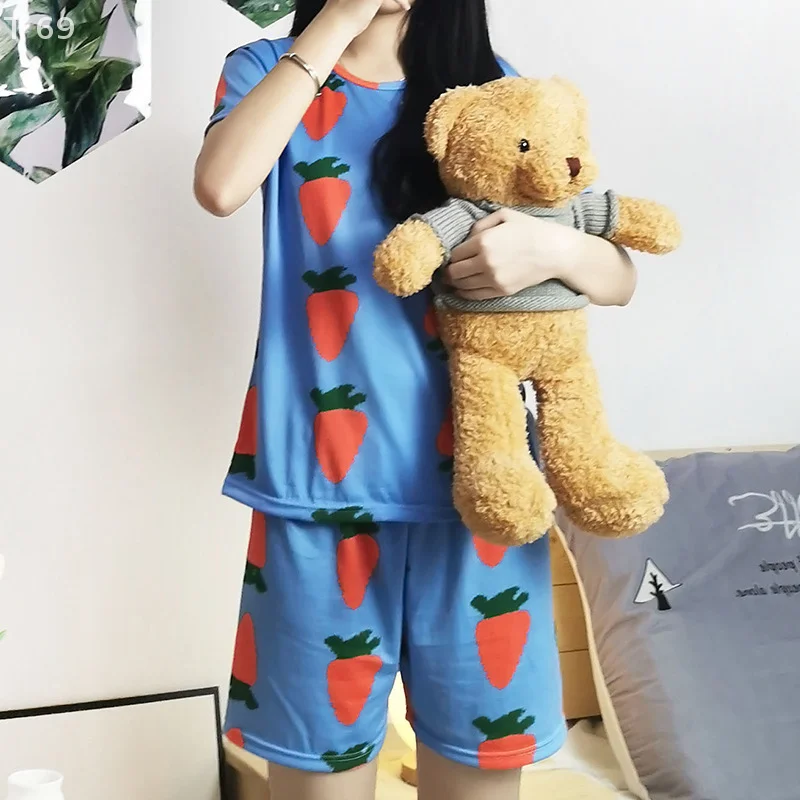 

Women Korean Style Casual Thin Cute Cartoon Home Clothes Can Be Worn Ou Summer Short-sleeved Short Skirt Round Neck Suit Pajamas