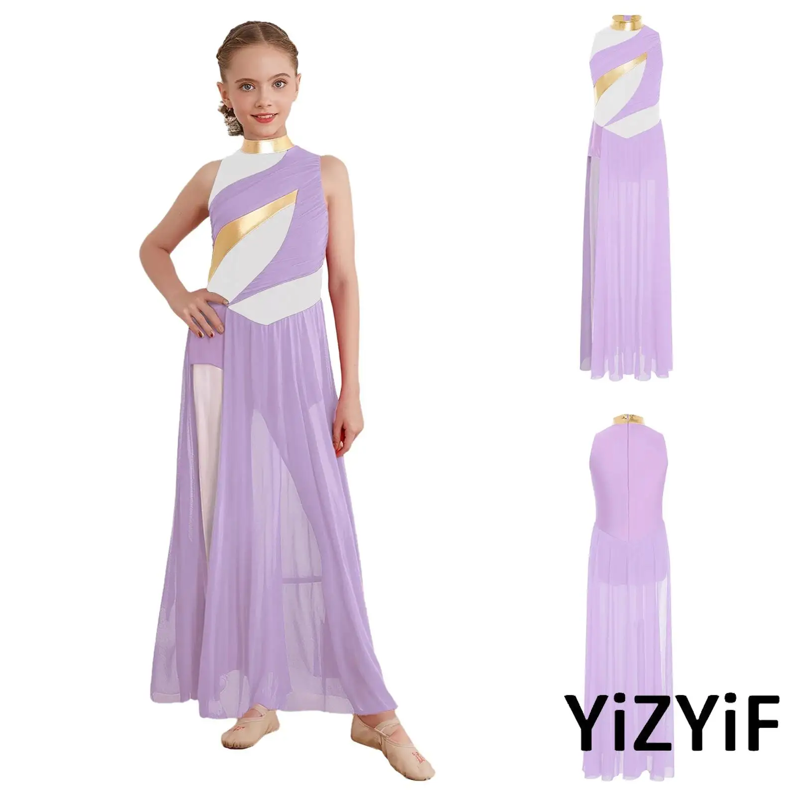 

Children Girls Modern Dance Performance Wear Stretch Mesh Leotard Mock Neck Sleeveless Dress Pretty Lyrical Ballet Dancewear