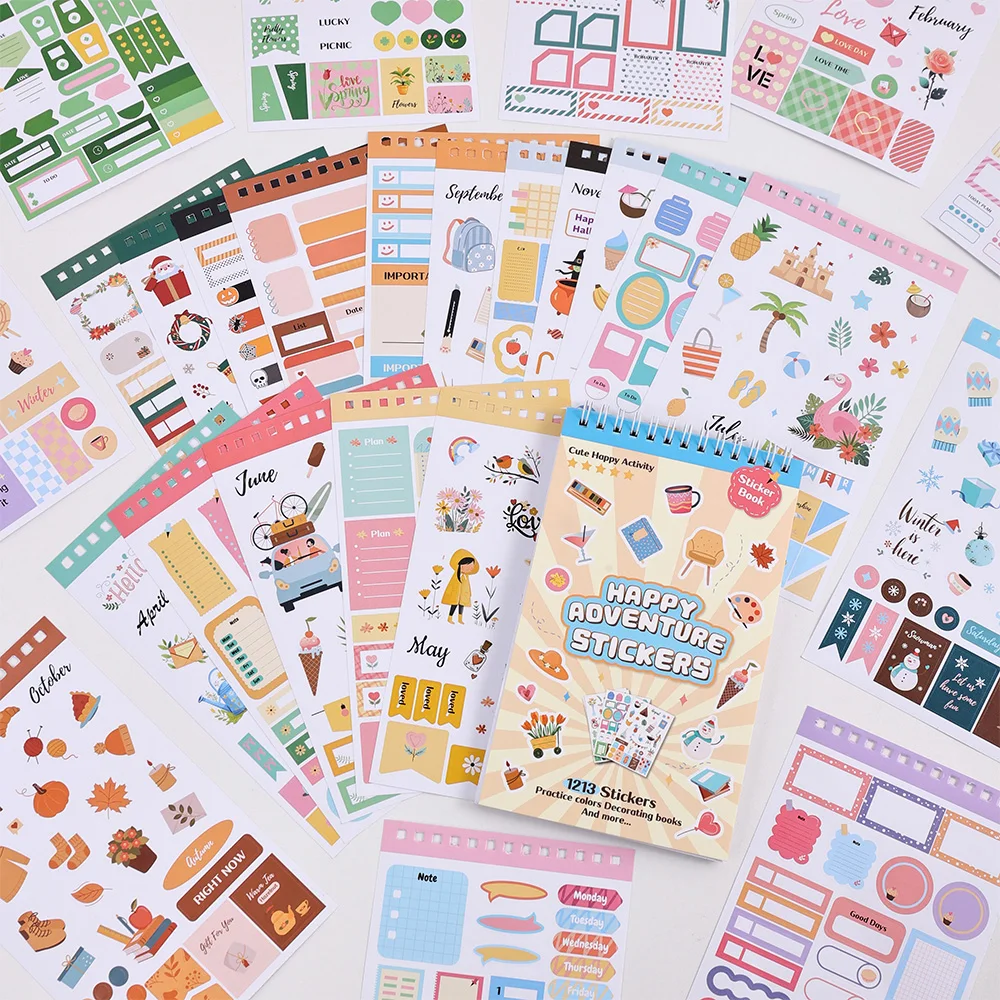1213pcs Colorful Paper Label Sticker Book Daily Notes Marking Aesthetic Planning Coil Sticker Book Journal Scrapbooking Supplies